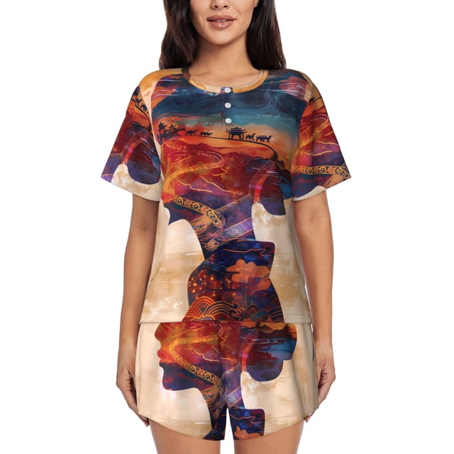 Fotbe Cultural Silhouette Journey Conjunto de Pijama Estampado para Mujer, 2 Piezas, Ropa de Dormir con Camiseta de Manga Corta y Shorts Suaves-X-Large