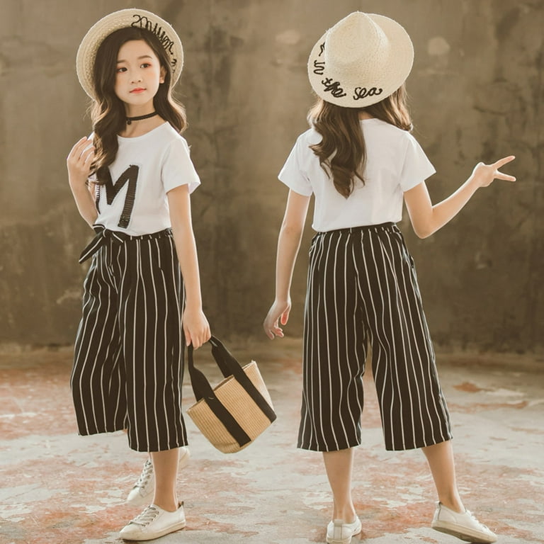 dmqupv Junior Outfits for Teen Girls Girls Teen T-shirt Sequin Pants Stripe  Letter Girl Long Sleeve Clothing Set White 11-13 Years 