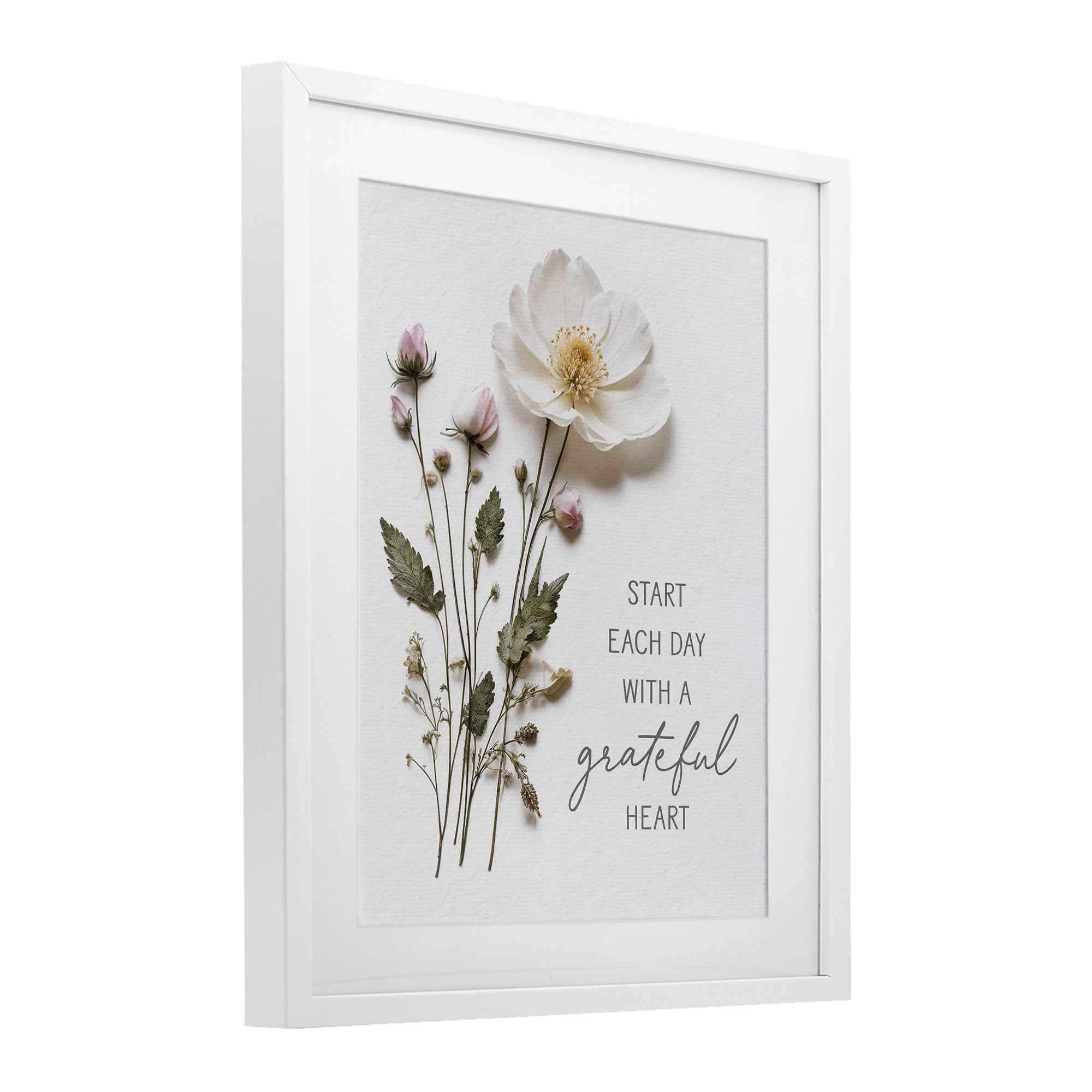 Grateful Heart Pressed Flowers White Framed Print Under Glass, design by Lettered and Lined