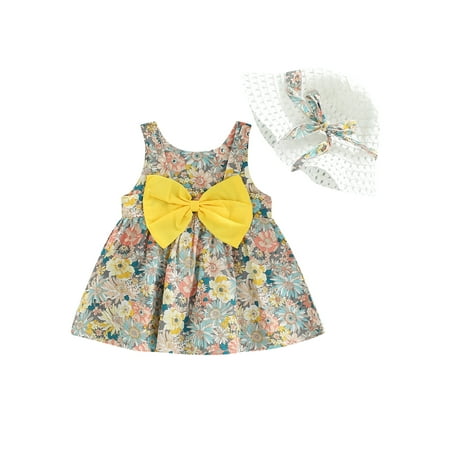 

Frobukio Kids Toddler Girls Casual Dress with Bucket Hat Floral Print Sleeveless Big Hem Skirt with Big Bow Knot Yellow 1-2 Years