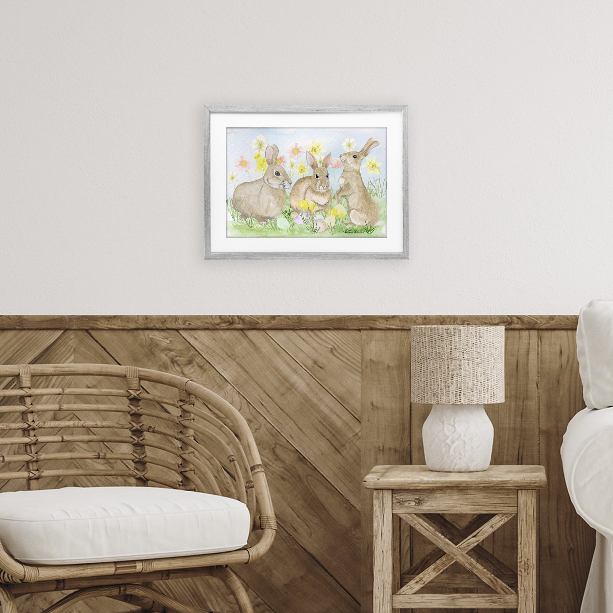 Three Bunnies In The Grass Gray Framed Print Under Glass, design by Lee Ann Sanders