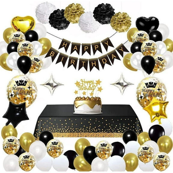 GEEKEO Black Gold Party Decorations, Black Gold Balloon Arch Garland white Happy Birthday Banner, Tablecloth, Paper Pom Poms, Star Heart-shaped Foil Balloons for Men Women Birthday