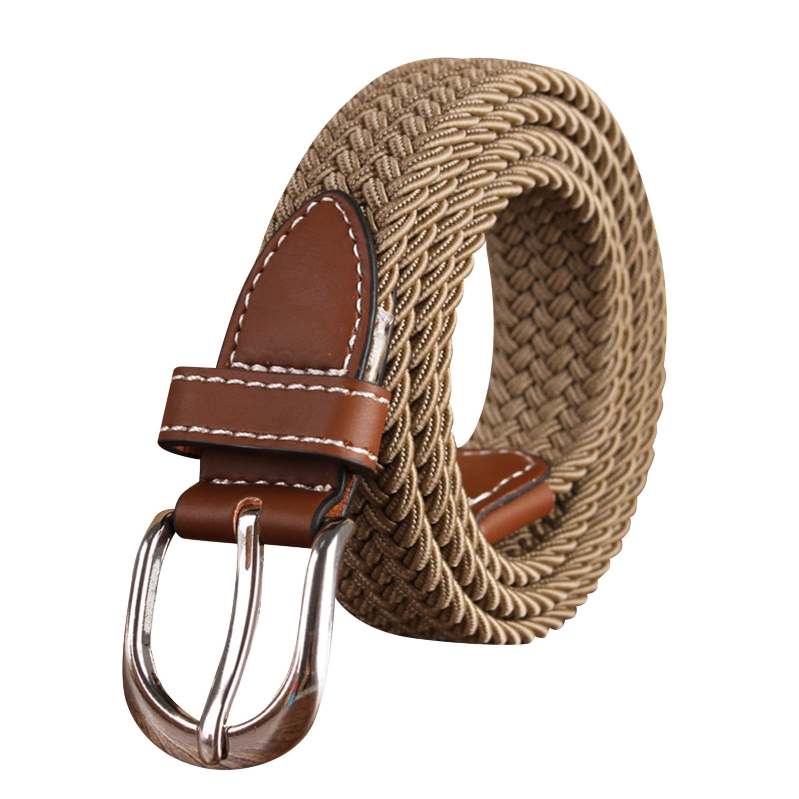 Stretch Elastic Belt Pin Oval Satin Buckle PU Leather Loop End Tip Belt