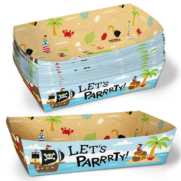 Big Dot of Happiness Pirate Ship Adventures Party Paper Food Trays, Disposable Food Boats for Kids Skull Birthday, Double-Sided Paper Meal Holders for Nachos, Hot Dogs, French Fries - 12 Ct