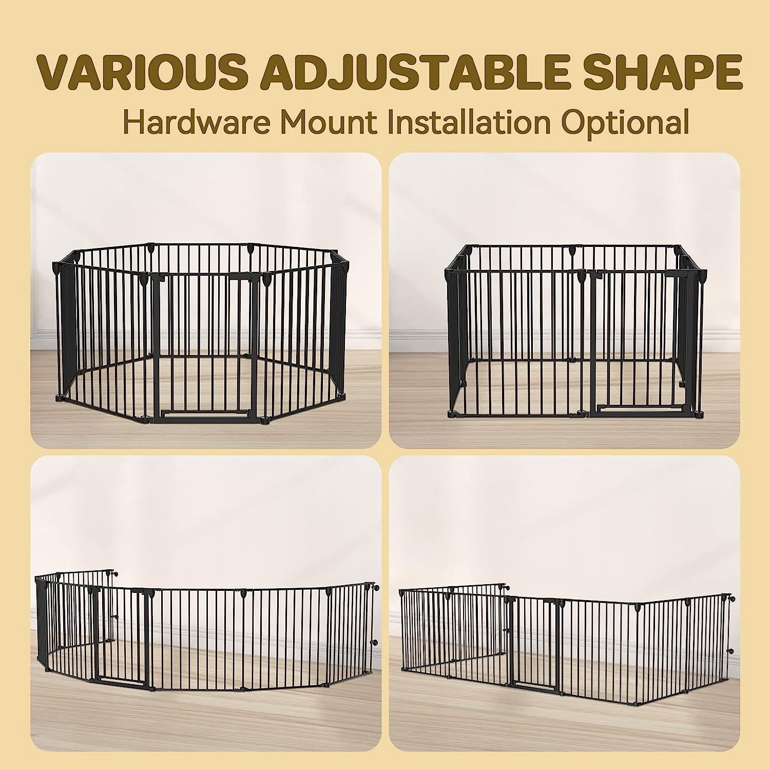 Kfvigoho Dog Gate 35"-199" Extra-Wide Gate for Stairs, Freestanding wire pet door, fireplace dual-locking system with automatic door closing feature, collapsible 6 steel panels (Black, 8 panels)