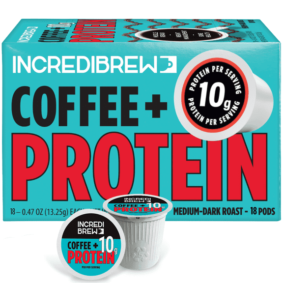 Incredibrew Protein Coffee Pods, 10g Protein, Medium-Dark Roast, Keurig-Compatible, 18 Count