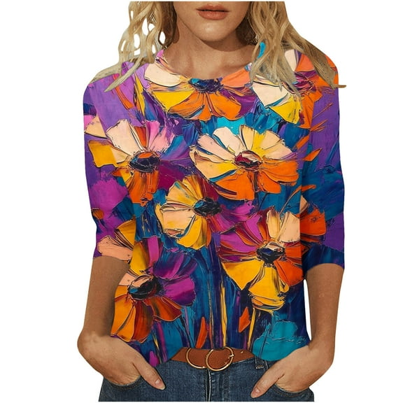 CYMMPU 3/4 Sleeve Blouses for Women Dressy Casual Round Neck Tunic Tops Loose Fit Floral Printed Spring Tops Summer Trendy Shirts Lightweight Basic Tees Multicolor L