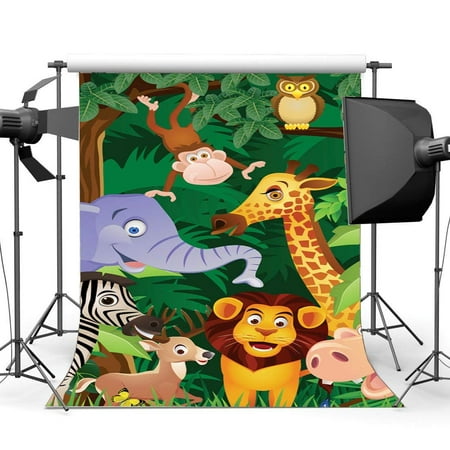 Image of ABPHOTO Polyester 5x7ft Zoo Backdrop Cartoon Backdrops Monkey Elephant Giraffe Lion Green Leaves Jungle Forest Spring Outdoor Photography Background for Boys Girls Birthday Party Photo Studio Props
