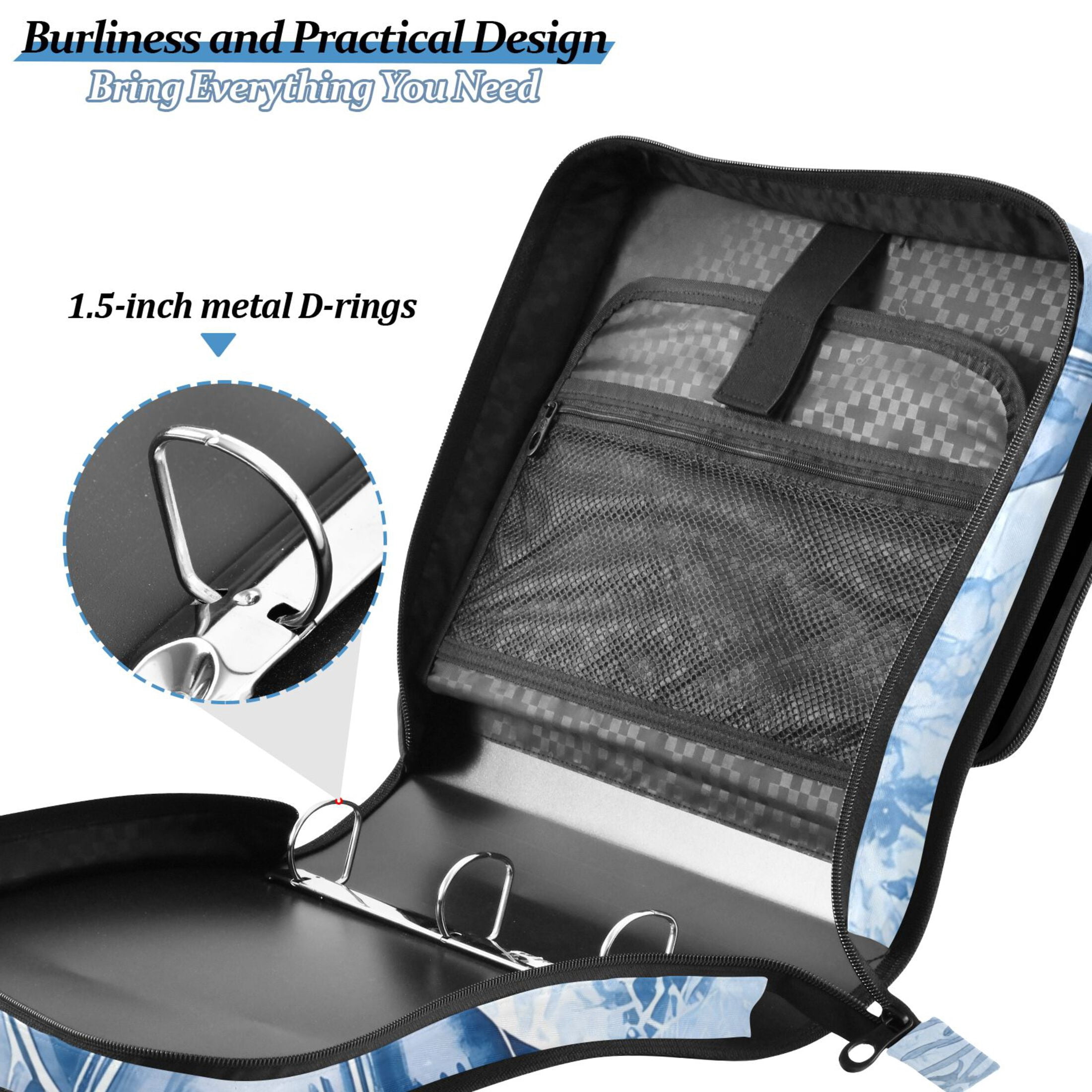 3 Ring Zipper Binder with Shoulder Strap Waterproof Trapper Keeper 2 Inch D-Ring 500 Sheets Capacity Watercolor Turtle Jellyfish