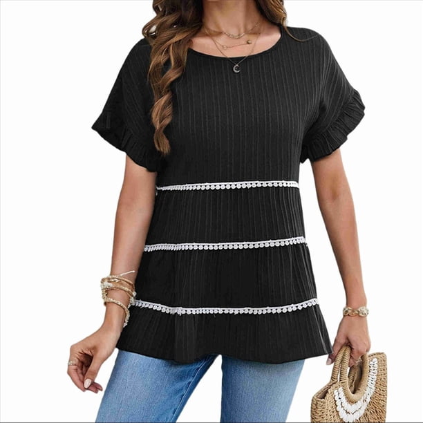 Blusas de Verano Informales de Corta con Volantes y Borlas Escalonadas para Mujer, Color Negro, Talla L