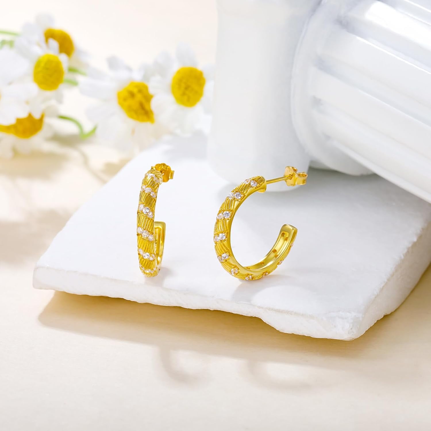 AOBOCO Small Modern Bohemian Open Hoop CZ Earrings for Women 925 Sterling Silver Post Back Hoops Earring Cubic Zirconia Hoop Earrings 14K Gold/White Gold Plating
