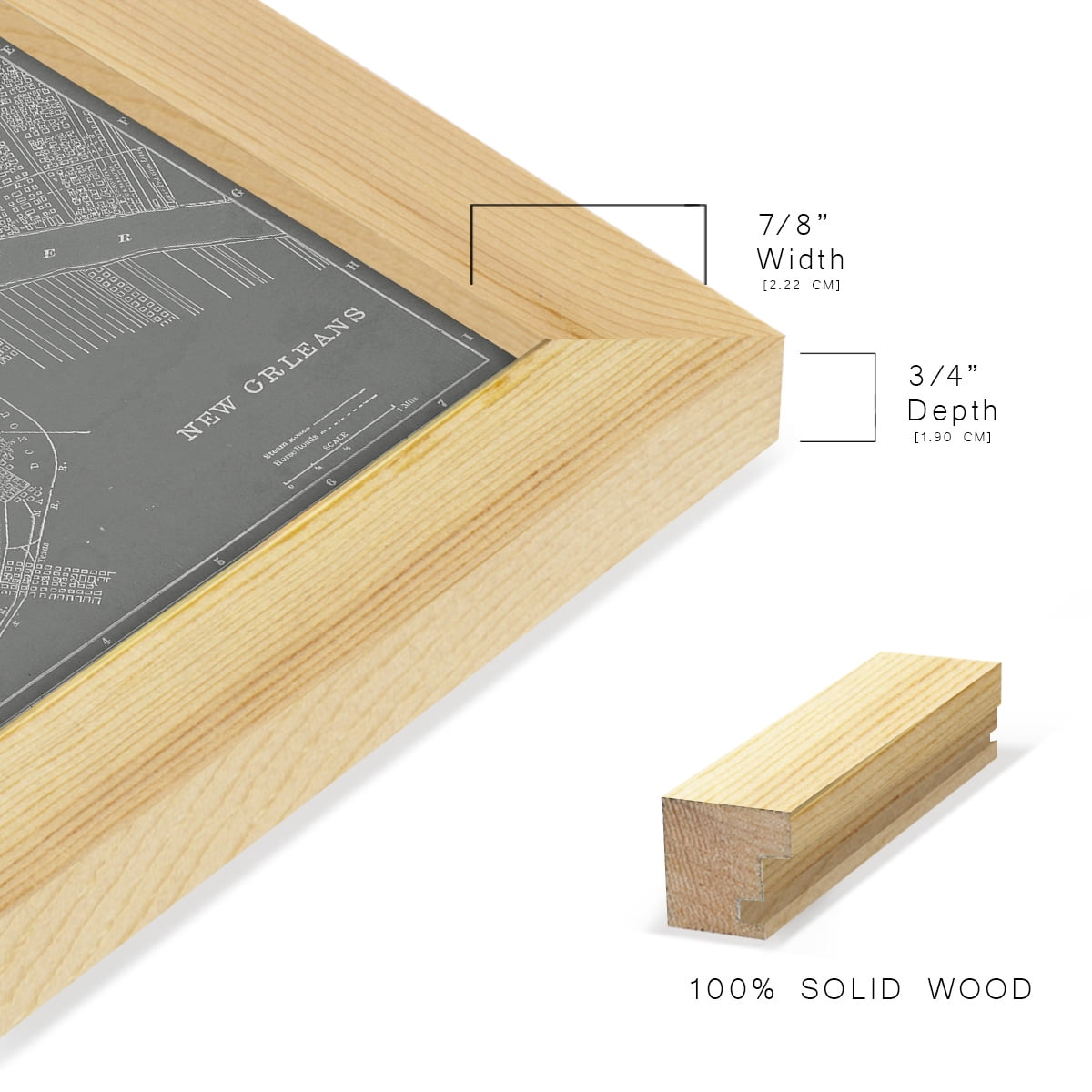 City Map of New Orleans -Framed Print w/glass-Natural Wood