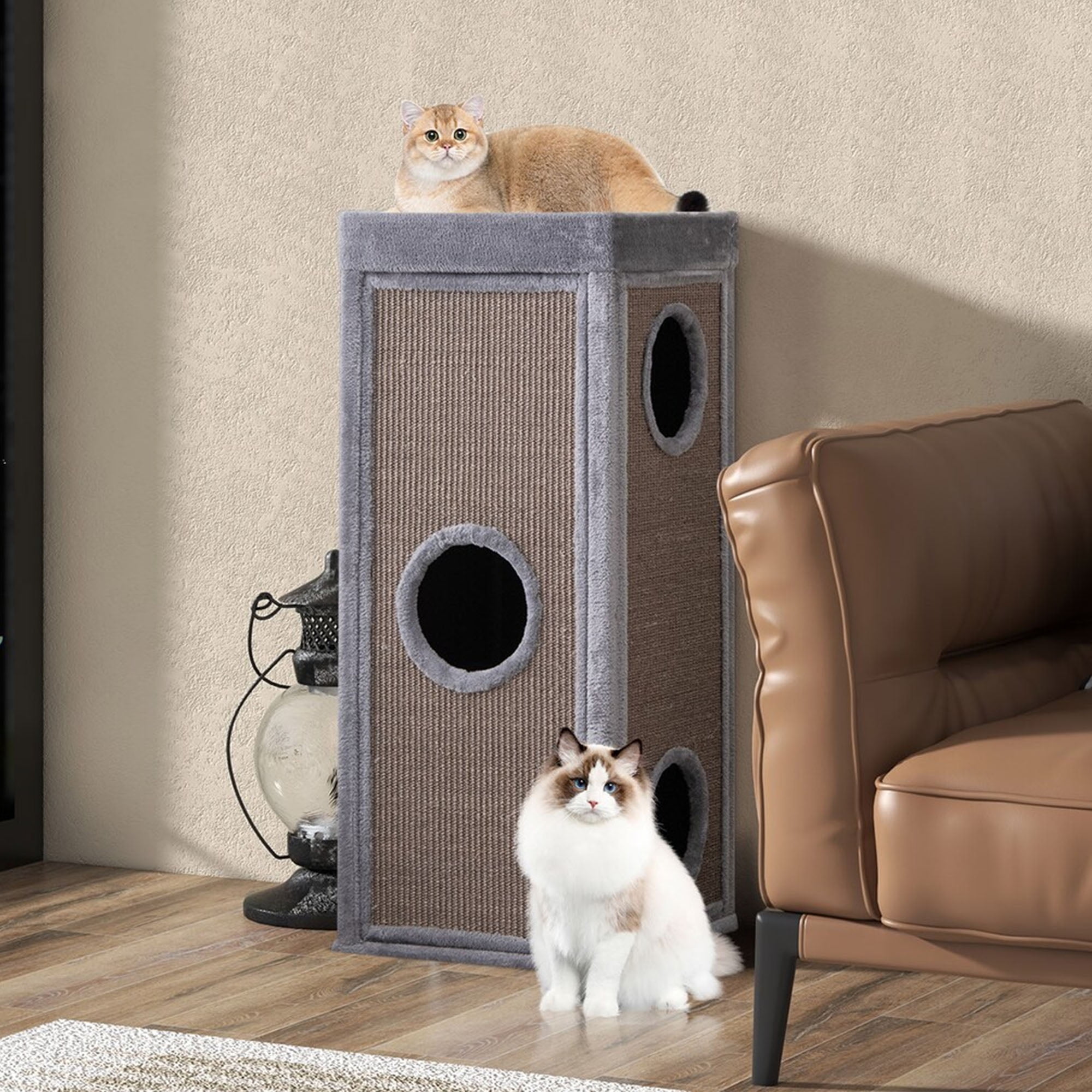 Kadyn 39" Indoor Cat Cave Bed, Cat House Scratcher Furniture, Cat Condo with Scratching Posts, 3 Hideaways, 4 Soft Plush Cushions, Gray