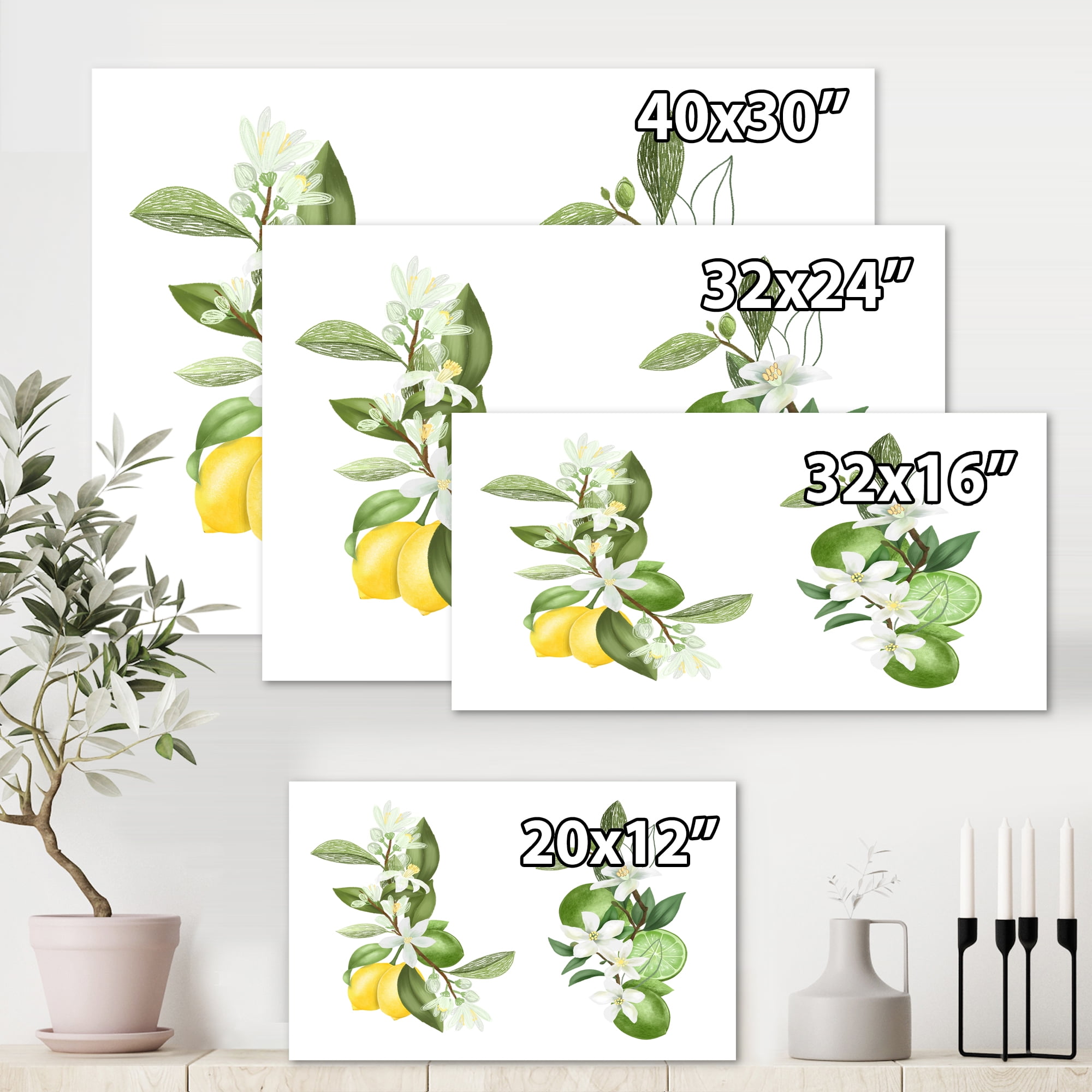 Bouquets Of Blooming Lemon Tree Branches on White 8 in x 12 in Painting Canvas Art Print, by Designart