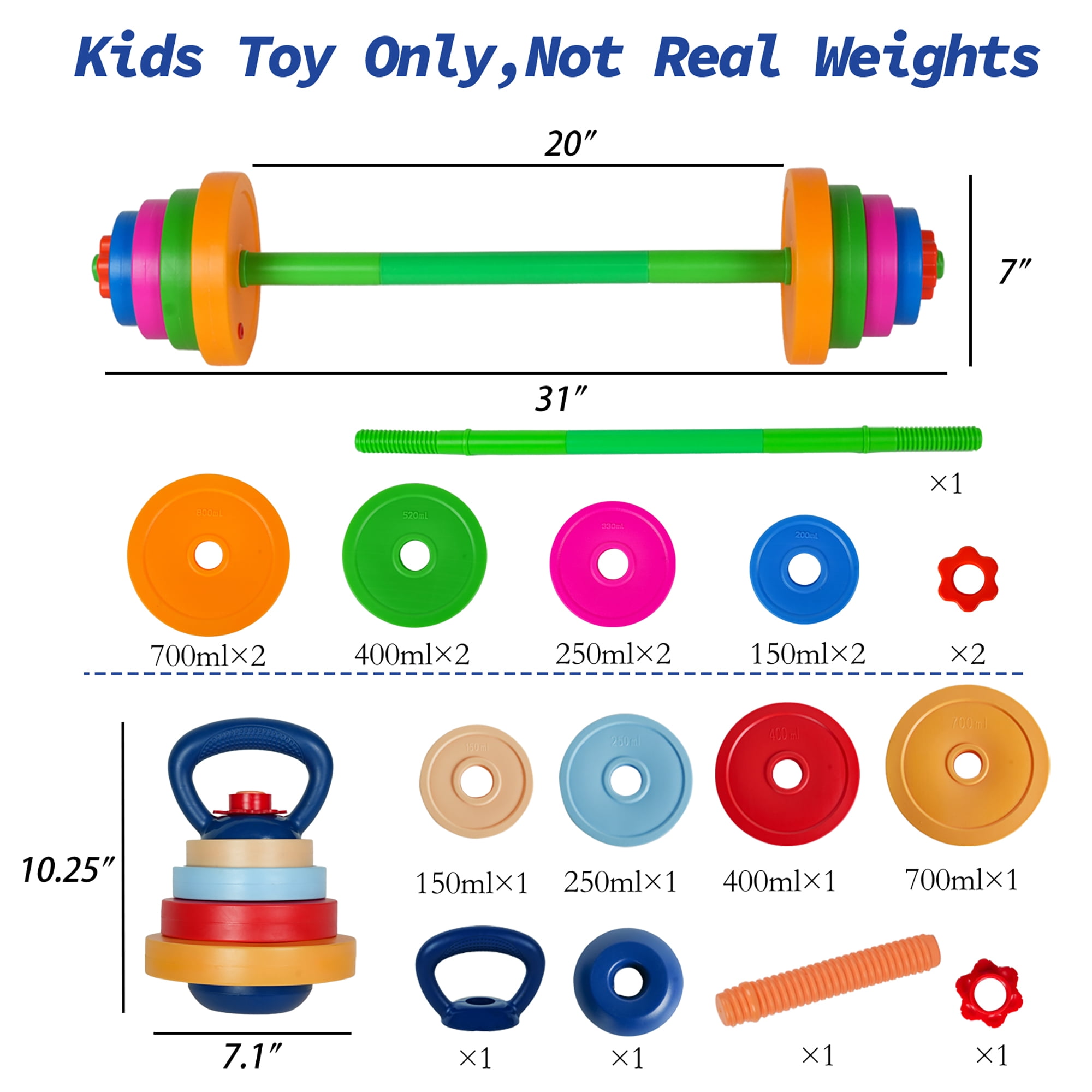 Easy Playhouse: Kids Weight Set - Barbell & Kettlebell - Colorful Toy Workout Fitness Equipment, Water-Sand Fillable Plates, Safe Plastic Gym Playset
