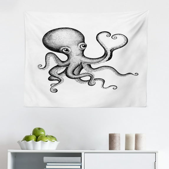 Octopus Tapestry, Nautical Theme Illustration of Huge Tentacles on Plain Background, Fabric Wall Hanging Decor for Bedroom Living Room Dorm, 2 Sizes, White and Charcoal Grey, by Ambesonne