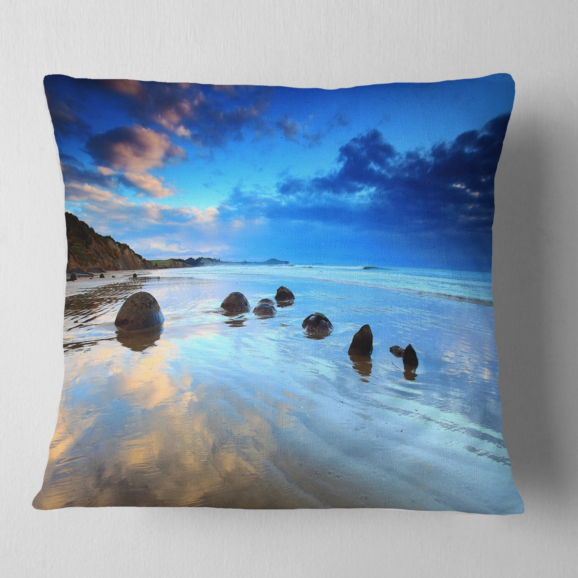 Designart Moeraki Boulders Under Cloudy Sky - Seashore Photo Throw Pillow - 16x16