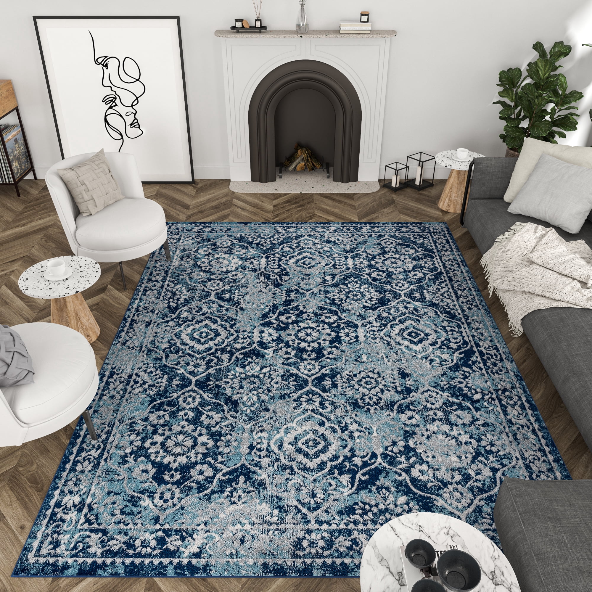 Diamond Transitional 5' x 7' Blue and Cream Polypropylene Indoor Area Rug
