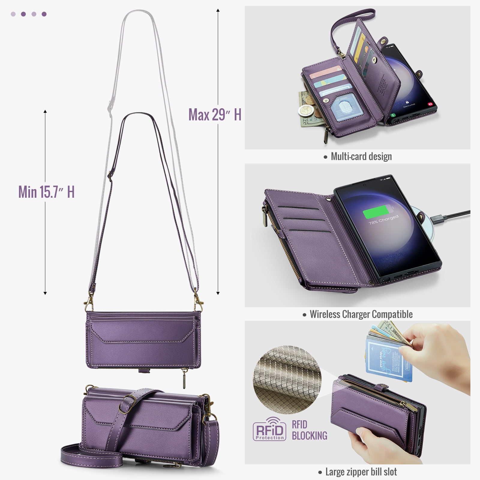 Compatible with Samsung Galaxy S23 Ultra 5G Zipper Wallet Phone Case Tempered Glass Screen Protector Crossbody Lanyard Strap Flip Card Holder Slot Cell Cover for S23Ultra 23S S 23 6.8 Women Purple