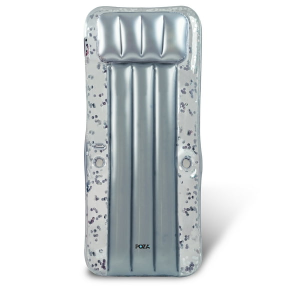 POZA Large Inflatable Pool Lounger Air Mattress - Big and Stylish Confetti-Filled Pool Lounger Float, Thick Blow Up Pool Mat with Built-in Headrest, Phone Holder, and Cup Holders - 76x32 inch - Silver