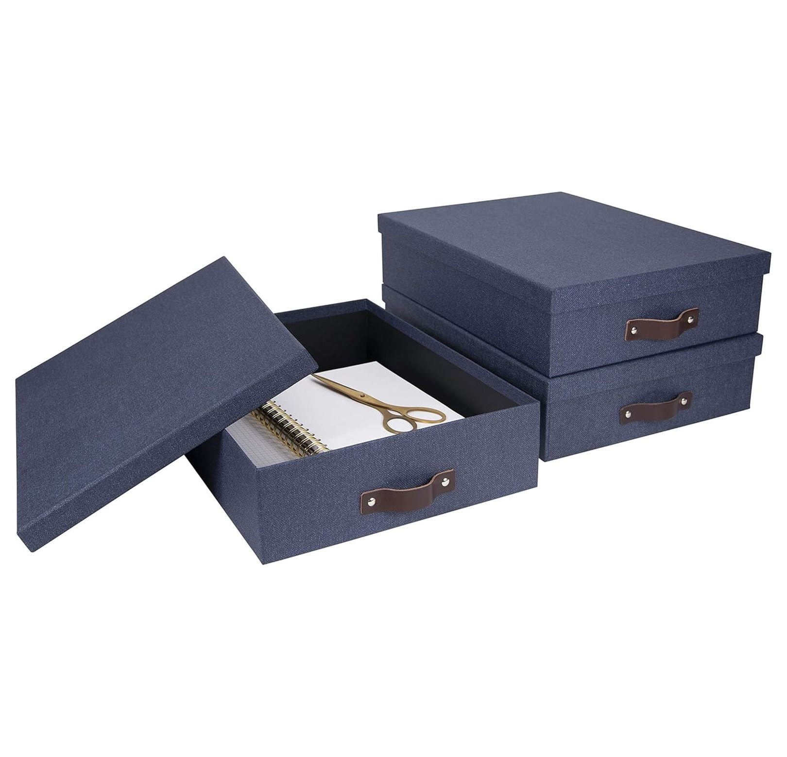 Bigso Oskar Canvas Fiberboard Document Letter Box - File Organizer Box for Important Paperwork - Document Storage with a Lid & Handle - 3.3 in x 10.2 in x 13.8 in - 3 Pack - Blue