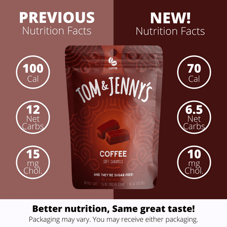 Tom & Jenny’s Soft Caramels Candy SugarFree Caramel Candy 1 Bag Coffee