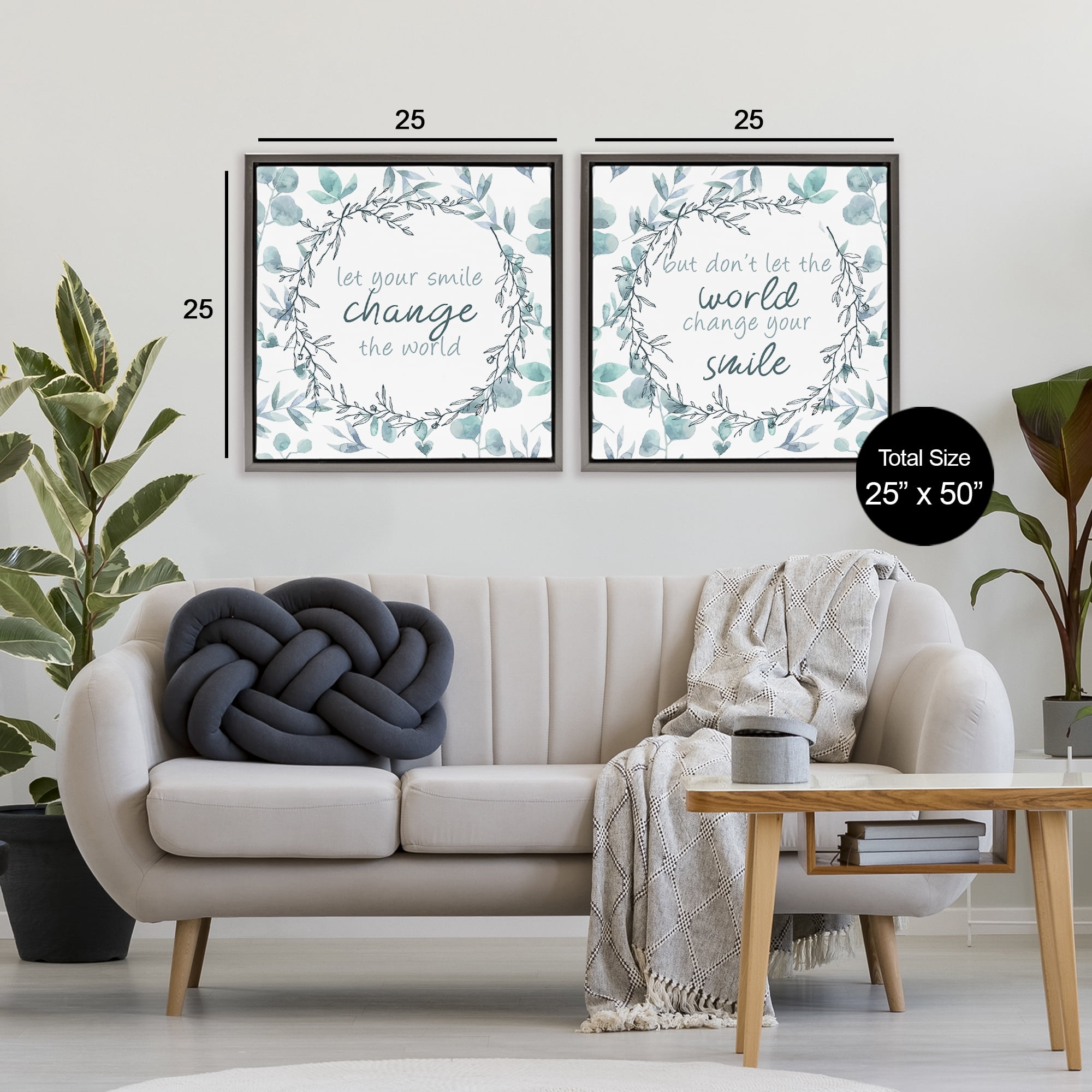 Stupell Industries Inspirational Smile Quotes 2 Piece Gray Framed Floater Canvas Set, design by Kim Allen