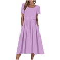thumbnail image 3 of WRKEKC Robes d'Été Décontractées pour Femmes, Robes d'Été Grande Taille, Robes de Vacances Décontractées pour Femmes pour Fête Quotidienne, Col Rond Replié, Unies, à Manches Courtes avec Poche, 3 of 10