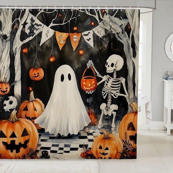 Halloween Shower Curtain Ghost And Skeleton Pumpkin Waterproof Fabric Bath Curtain For Bathroom 71x71 Inches
