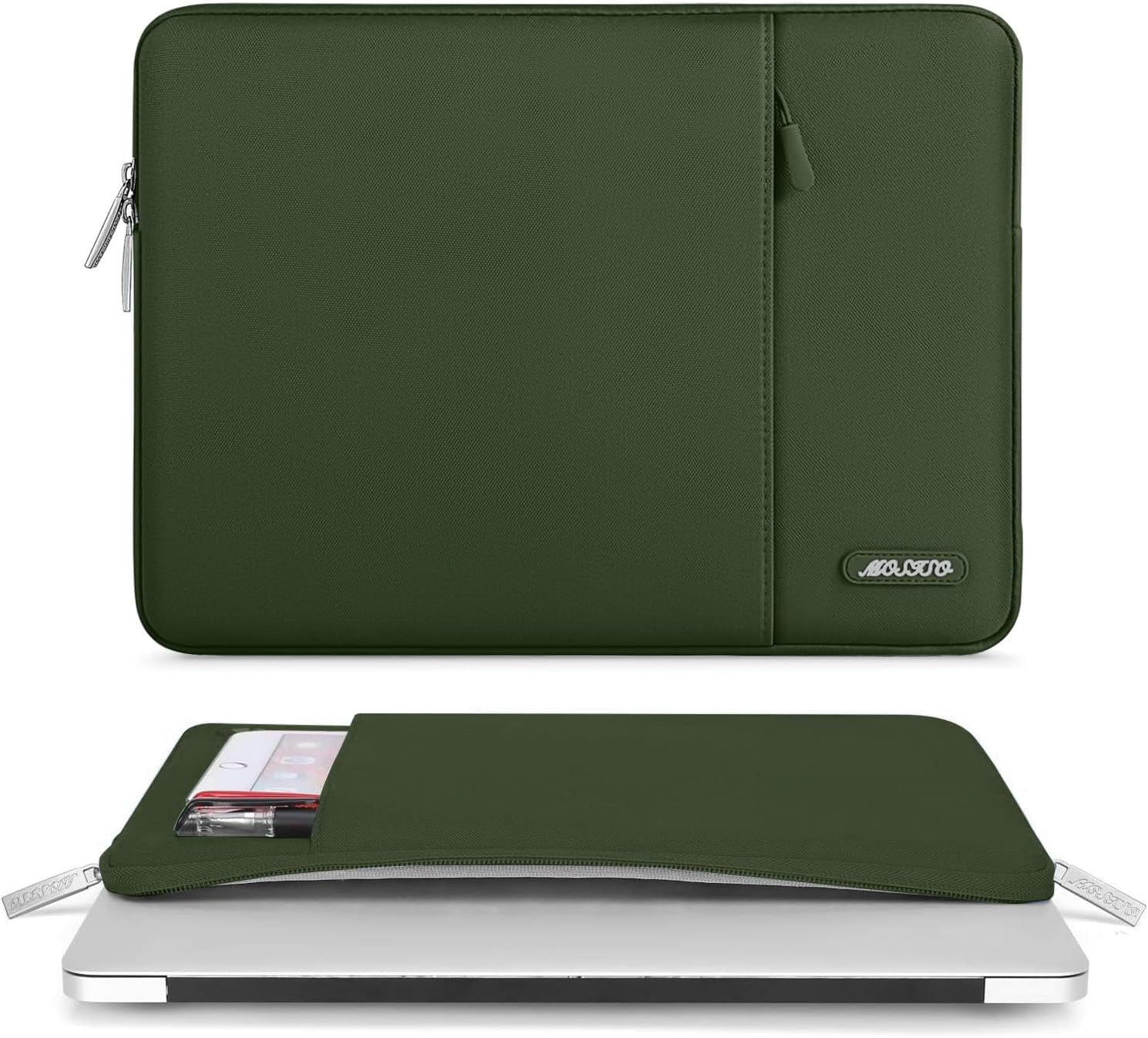 Mosiso Polyester Vertical Style Water Repellent Laptop Sleeve Case Bag Cover with Pocket for 13-13.3 Inch Notebook, MacBook Pro 14 inch M4 M3 M2 M1 Chip Pro Max 2024-2021, Army Green