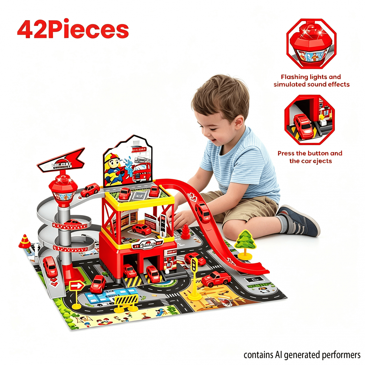 Kids Parking Garage Playset with Car Track for Boys Girls 3-5 Years Christmas Birthday Gifts-Red