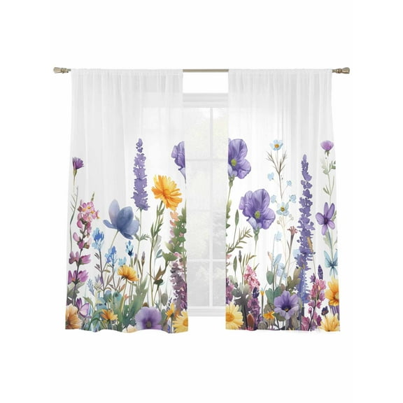 Spring Floral Sheer Curtains 63 Inch Length 2 Panels Set, Semi Transparent Voile Rod Pocket Curtains for Living Dining Room Bedroom Drapes Purple Flowers Colorful Summer Botanical