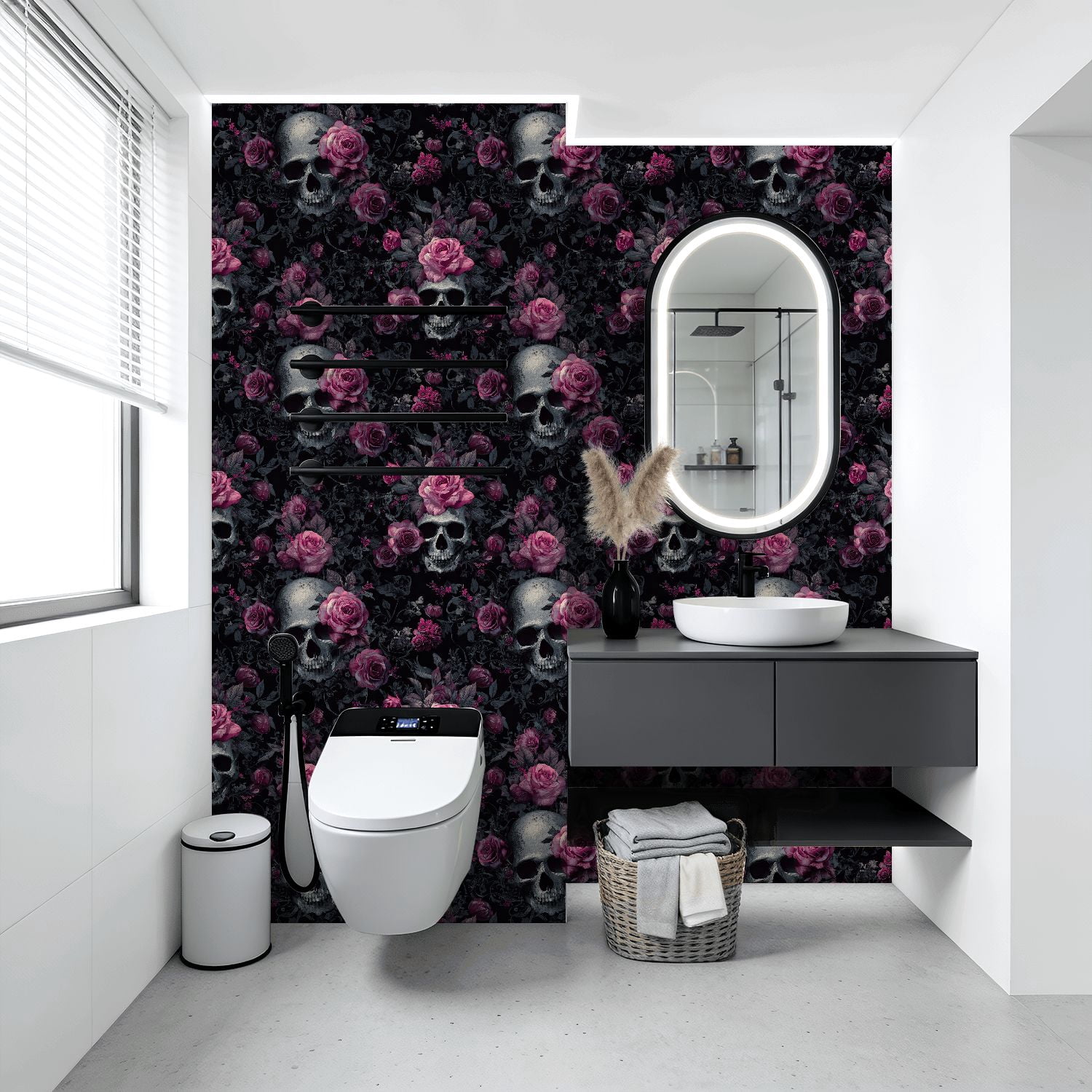 Boho Peel and Stick Wallpaper Gothic Skull Roses Dark Floral Wall Mural 17.7in x 9.8ft Self Adhesive Removable Wall Paper Renter Friendly Wallpaper for Bedroom Kitchen Farm