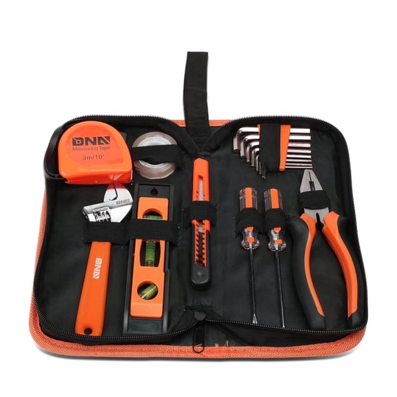 DNA Motoring  16 Pcs Portable Home Office Repair Tool Kits w/Plier  Adjustable Wrench Utility Knife Hex Keys Screw Driver Orange