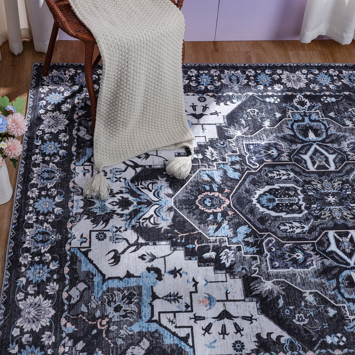 Wondo Washable Rugs Vintage Area Rug Rug for Living Room, Bedroom, Kids Room, 9' x 12', Black