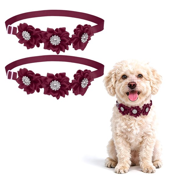 Uxcell Dog Bowtie Flower Collar, Adjustable Bow Ties for Dogs Flower with Diamond Bowtie Cat Grooming Accessories, (2 Pcs, Burgundy), Intended for Puppies/Kitten/Wedding/Birthday/Party