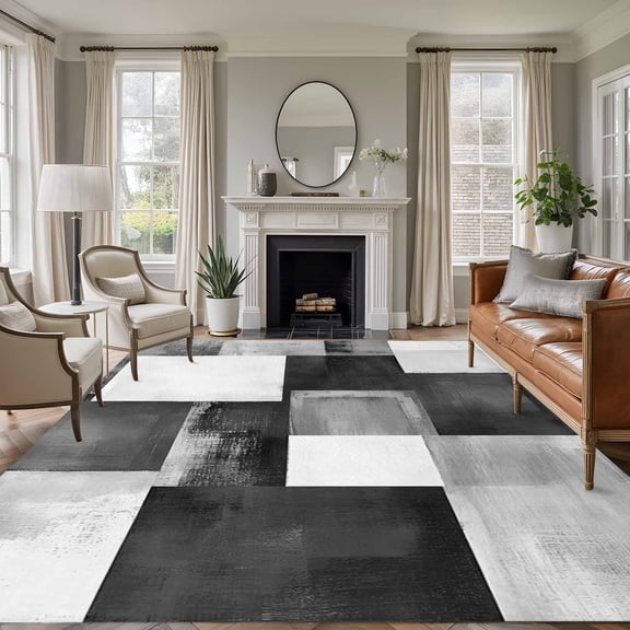 Gray Abstract Washable Living Room Rugs 6'x9', Modern Rustic Geometric Low Pile Throw Large Area Rug Non-Slip Sturdy Edge Binding Carpet for Dining Room Kitchen Office