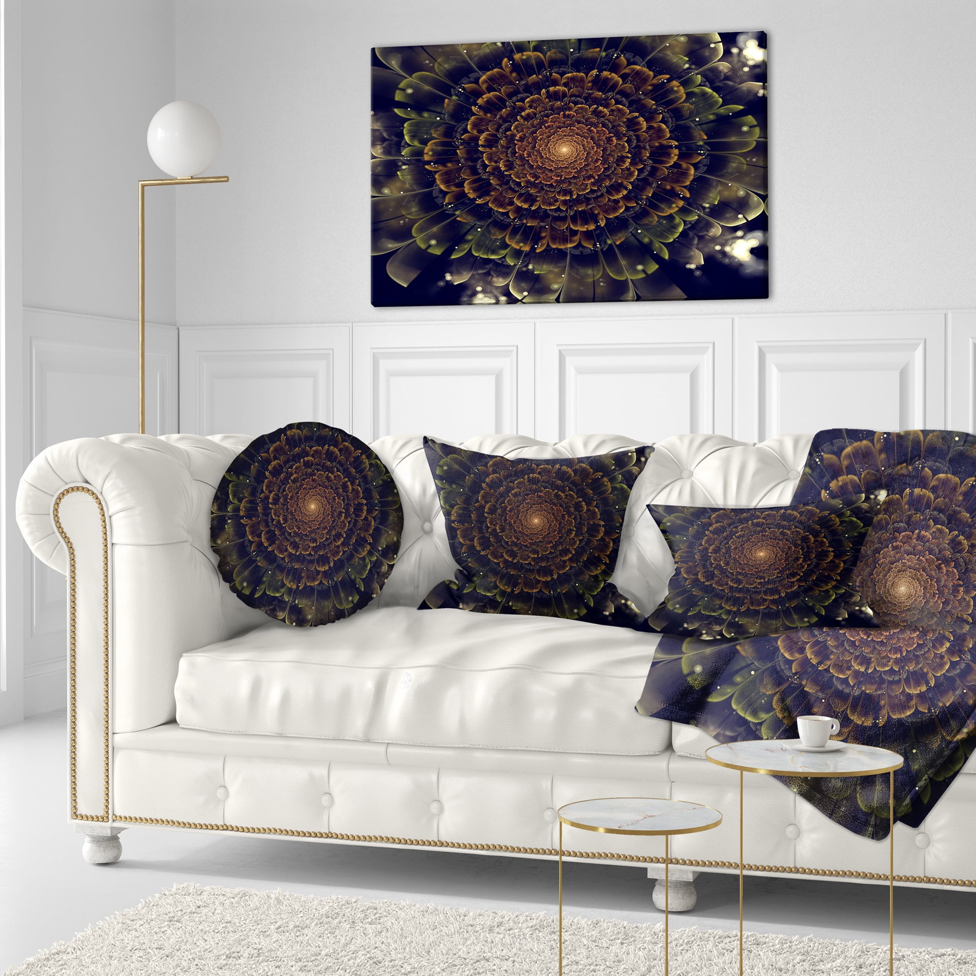 Designart Orange Fractal Flower with Green - Abstract Throw Pillow - 12x20