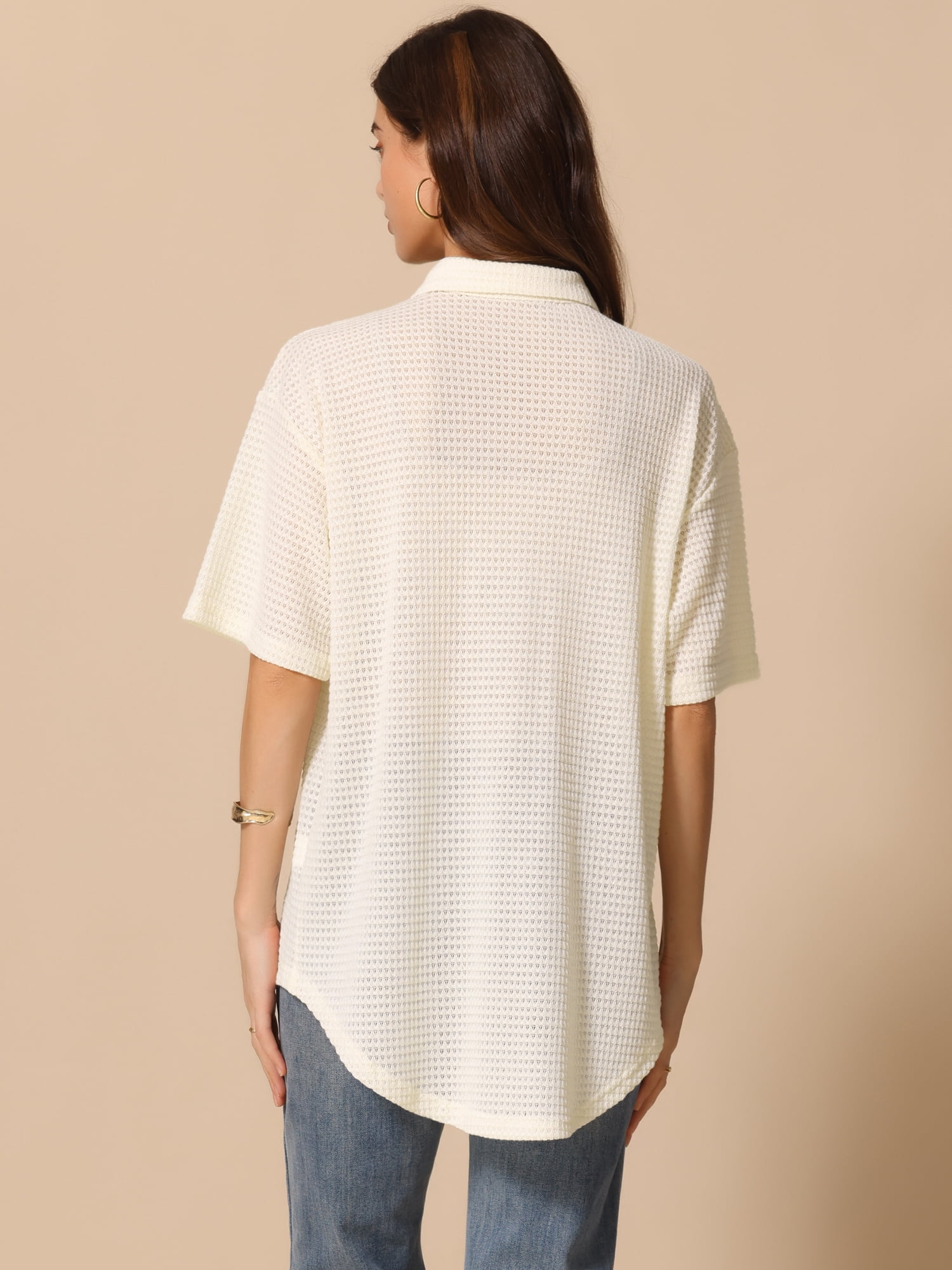 DARING DIVA Women's Short Sleeve Waffle Knit Summer Shirts Tops L Beige