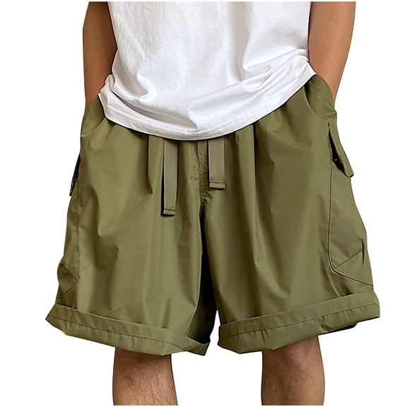 VSSSJ Mens Baggy Cargo Shorts Casual Cotton Relaxed Fit Elastic Waist Drawstring Shorts Outdoor Running Sports Work Shorts with Multi-Pockets Dark Green XXXL