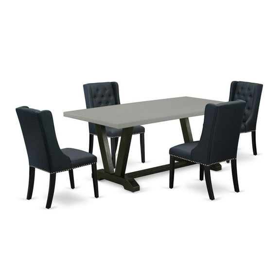 East West Furniture V697FO624-5 5 Piece Dining Set Consists of 4 Black Linen Fabric Dining Room Chairs with Nail heads and Cement Rectangular Table - Wire Brush Black Finish