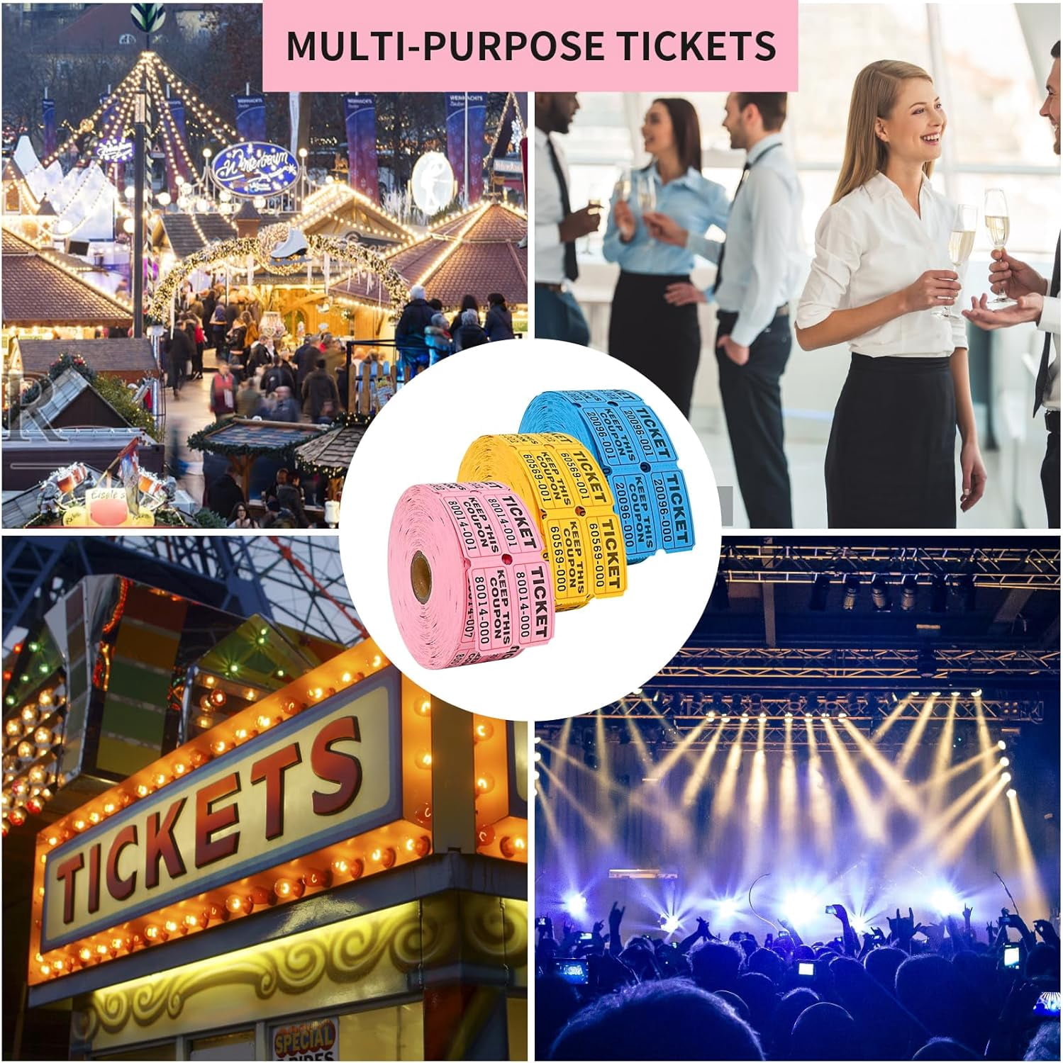 3000 Pcs Raffle Tickets - 3 Color Set of 1000 Pcs 2" x 2" Double Roll Consecutively Numbered 50/50 Tickets for Events& Door Prize- Blue/Yellow/Pink