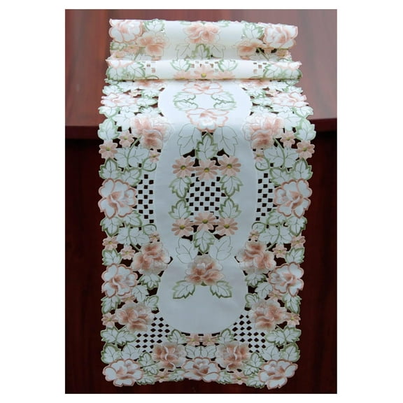 Embroidered Rose Floral Cutwork Table Runner 15x53 Spring Dresser Scarf Ivory 15x53" rectangular