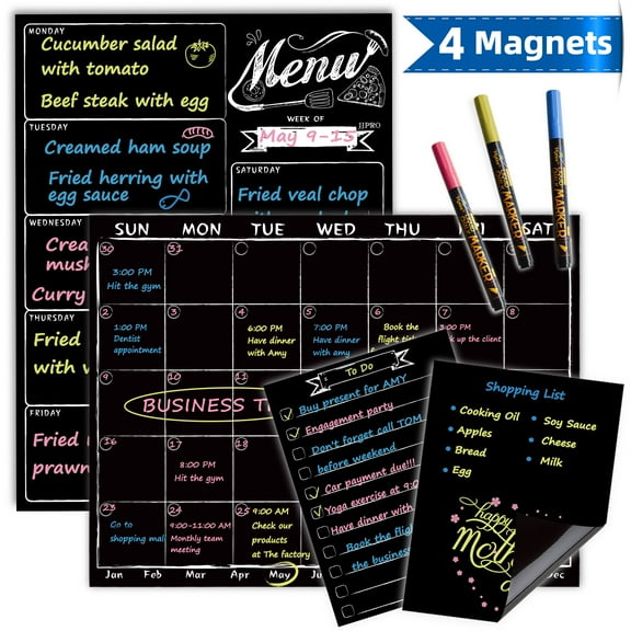 Magnetic Chalkboard Monthly Calendar - Weekly Meal Planning Blackboard Combo Set with Neon Bright Liquid Chalk Markers - Bonus Grocery List and Notepad Blackboard for Refrigerator Included