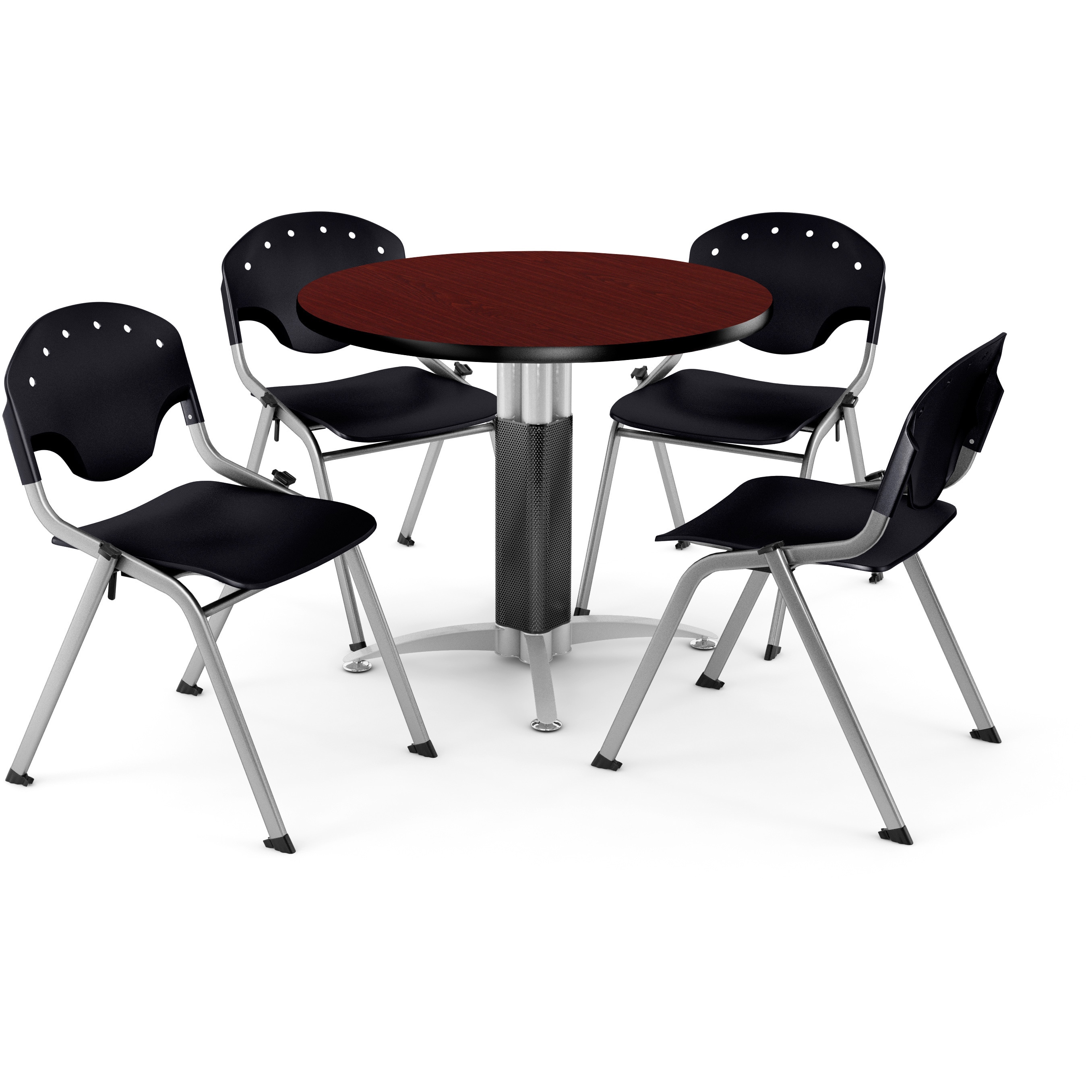 ofm core collection breakroom bundle, 36" round metal mesh base multi-purpose table in cherry, 4 rico stacking chairs in burgundy (pkg-brk-021-0003)
