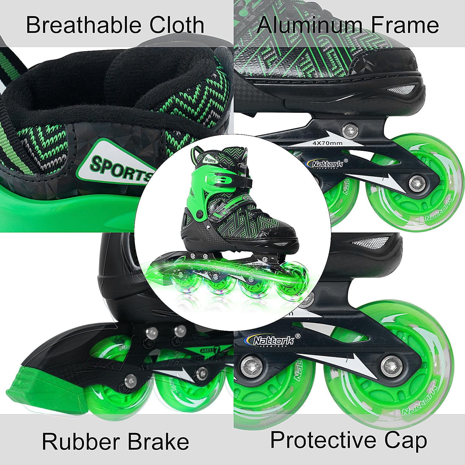 MammyGol Adjustable Inline Skates for Kids with Light-Up Wheels - Youth Teens Roller Skates for Beginners Boys Girls, Outdoor Recreational Skates Green 9-12