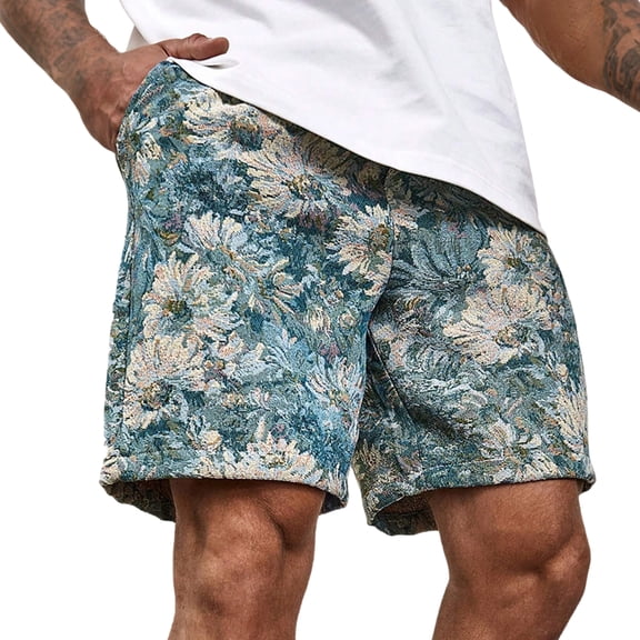 Men's Floral Print Drawstring Waist Shorts Summer Vacation Shorts with Pockets Blue XL