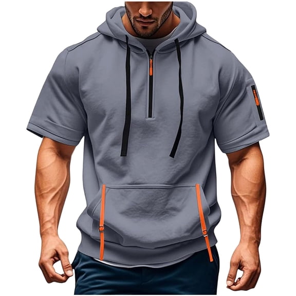 WRKEKC Short Sleeve Shirts for Men Solid Color Casual Zipper Multiple Pocket Hooded Top Short Sleeve Hooded Style Comfortable Outdoor Wear