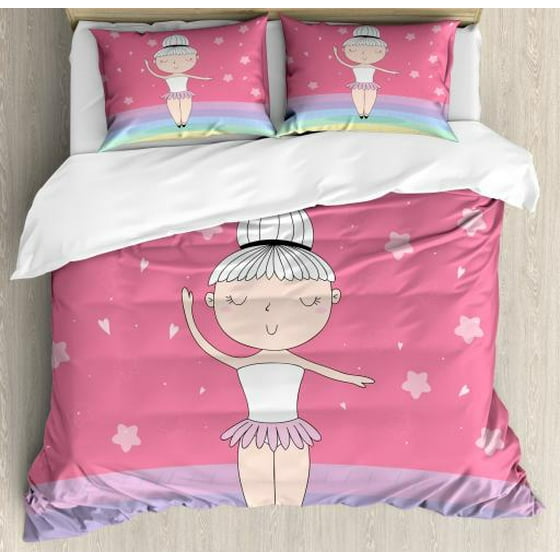 Kids Girls King Size Duvet Cover Set Hand Drawn Little Ballerina Kids Girls King Size Duvet Cover Set Hand Drawn Little Ballerina Girl Doing Pique Turns On A Rainbow Colored Stage Decorative 3 Piece Bedding With 2
