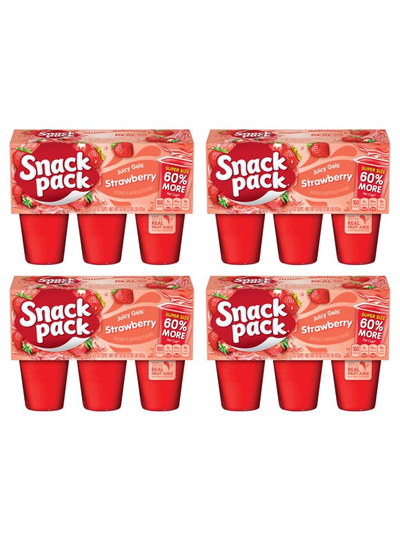 (4 pack) Snack Pack Strawberry Flavored Juicy Gels, Super Size, 6 Count Snack Cups